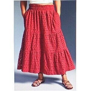 NEW Anthropologie Somerset Maxi Skirt Eyelet Flowy Tiered Chili Red Cotton XL
